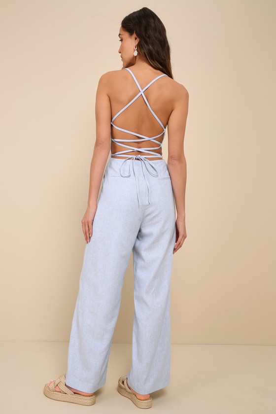 Sweetly Elevated Light Blue Linen Backless Wide-Leg Jumpsuit 2