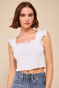 Sweetly Flirtatious Ivory Smocked Cropped Ruffled Tie-Strap Top 2