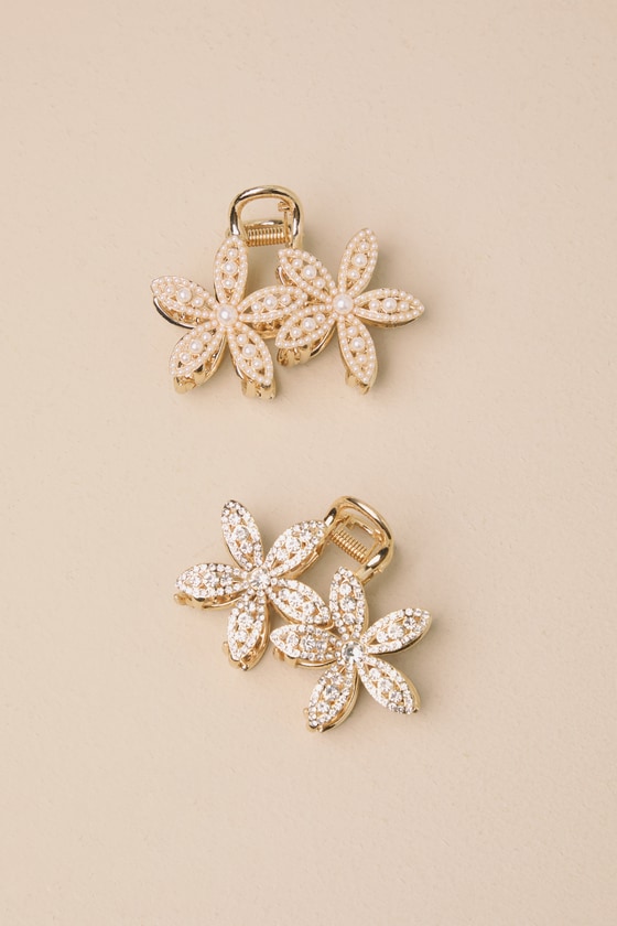 Gold Rhinestone Clip Set - Pearl Flower Clip Set - Hair