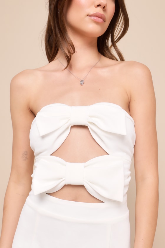 Lulus Happy Bow Lucky White Cutout Bow Strapless Mini Dress In White