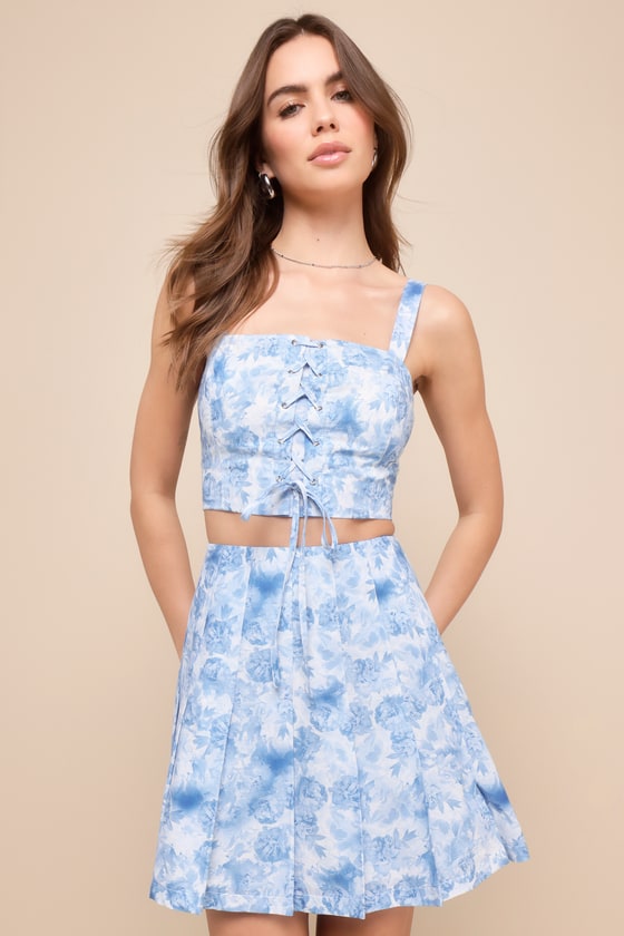 Mini Skirt with Folded Front Detail and Rose Accent - Blue main image 1