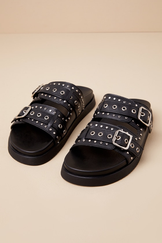 Steve Madden【新作SALE☆】Melanie バックルベルト サンダル Steve Madden Melanie - Black Slide Sandals - Embellished