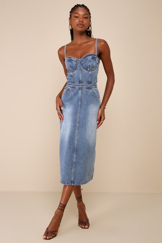 Trendsetting Gal Dark Wash Bustier Bodycon Midi Dress 4