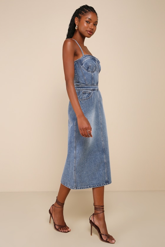 Trendsetting Gal Dark Wash Bustier Bodycon Midi Dress 1