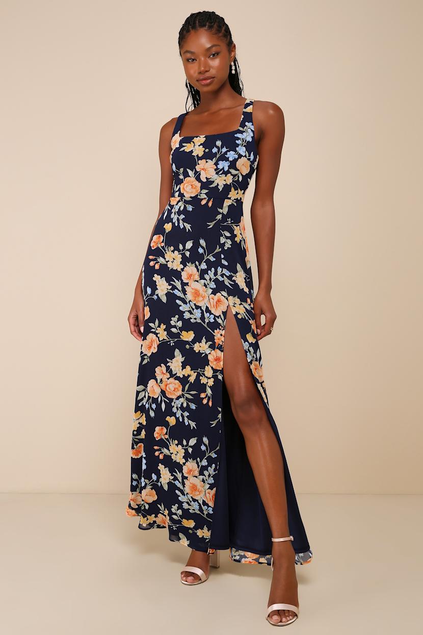 Remarkable Arrival Navy Blue Floral Sleeveless Maxi Dress