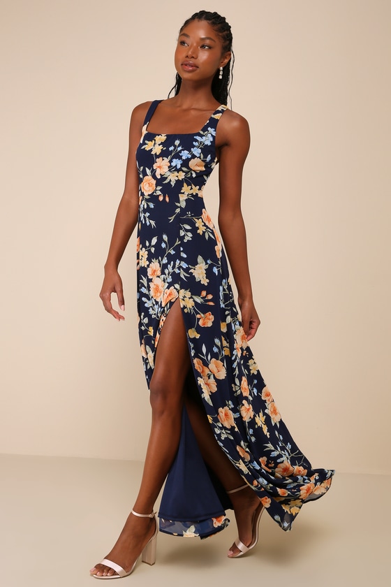 Lulus Remarkable Arrival Navy Blue Floral Sleeveless Maxi Dress In Navy Blue