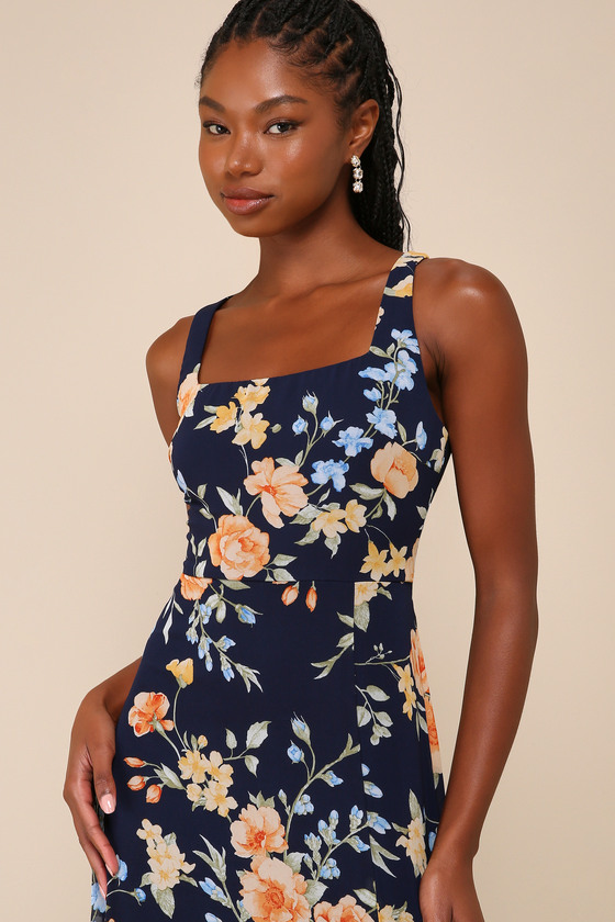 Lulus Remarkable Arrival Navy Blue Floral Sleeveless Maxi Dress In Navy Blue