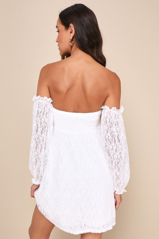 White Lace Dress - Babydoll Mini Dress - OTS Balloon Sleeve White Lace Dress - Babydoll Mini Dress - OTS Balloon Sleeve