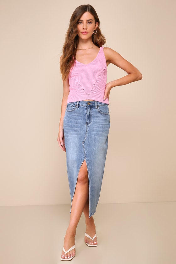 Flirty Poise Pink V-Neck Pointelle Sweater Knit Tank Top