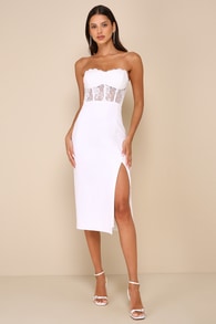 Exquisitely Sultry White Lace Strapless Bustier Midi Dress 5