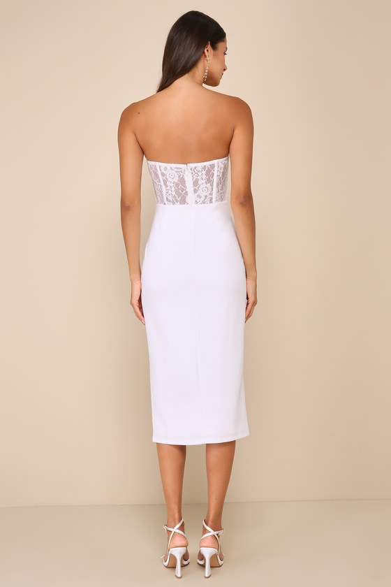 Lulus Exquisitely Sultry White Lace Strapless Bustier Midi Dress In White