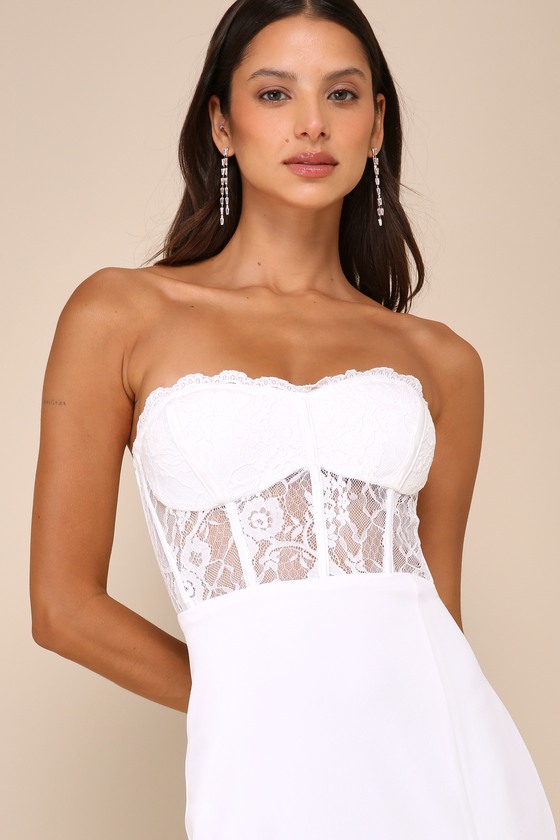 Lulus Exquisitely Sultry White Lace Strapless Bustier Midi Dress In White