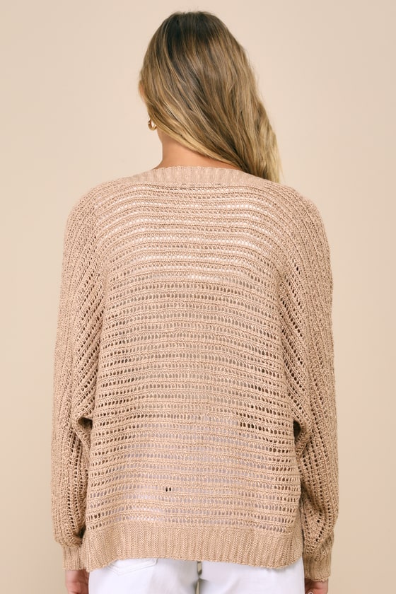 Tan Loose-Knit Sweater - Sheer Sweater - Open-Front Cardigan