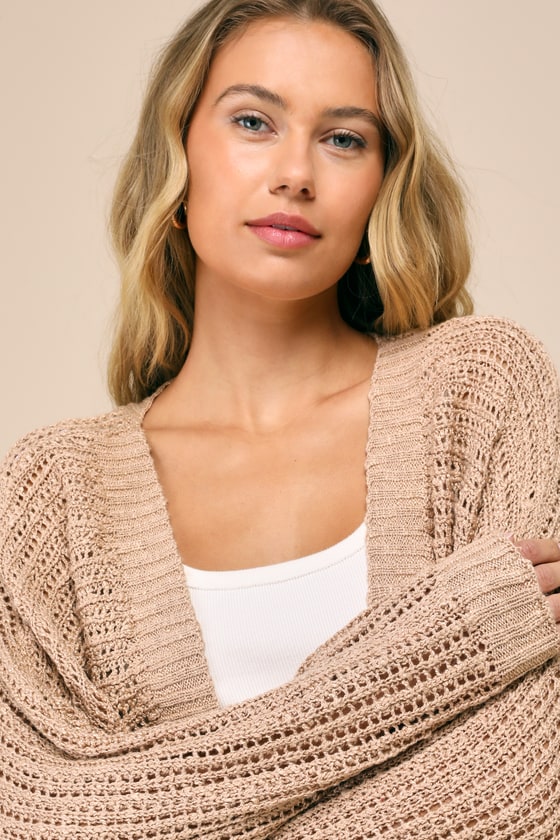Lulus Evening Sweetie Tan Loose Crochet Sheer Cardigan Sweater In Tan