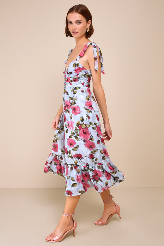 Lulus Lush Loveliness Light Blue Floral Jacquard Tie-strap Midi Dress In Light Blue