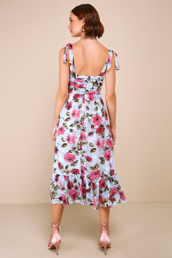Lulus Lush Loveliness Light Blue Floral Jacquard Tie-strap Midi Dress In Light Blue