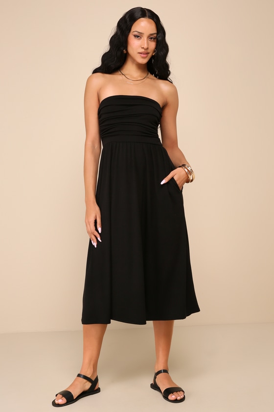Lulus Summery Inclination Black Strapless Midi Dress With Pockets