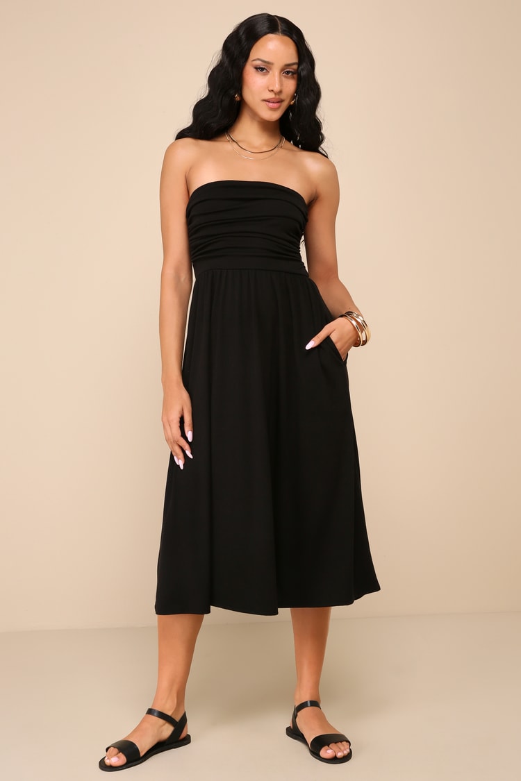 Black Jersey Knit Dress - Strapless Midi Dress - Ruched Dress - Lulus