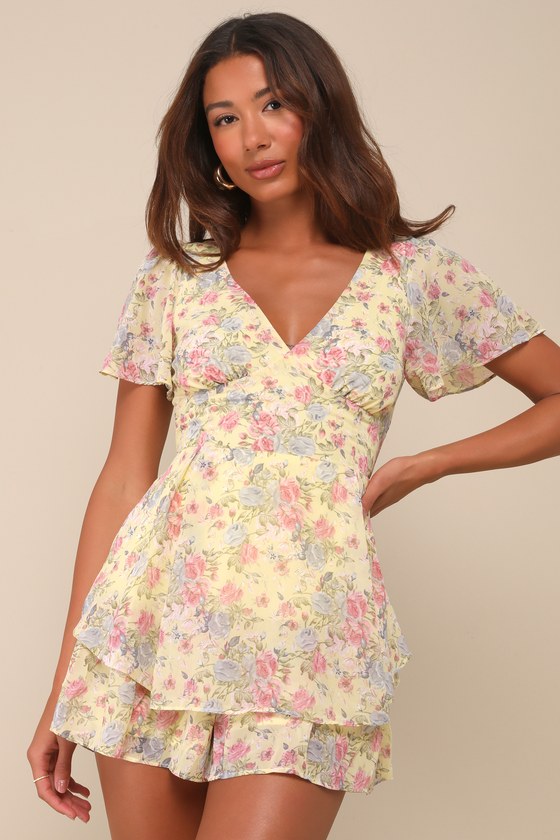 Flirty Choice Yellow Floral Flutter Sleeve Lace-Up Romper 1