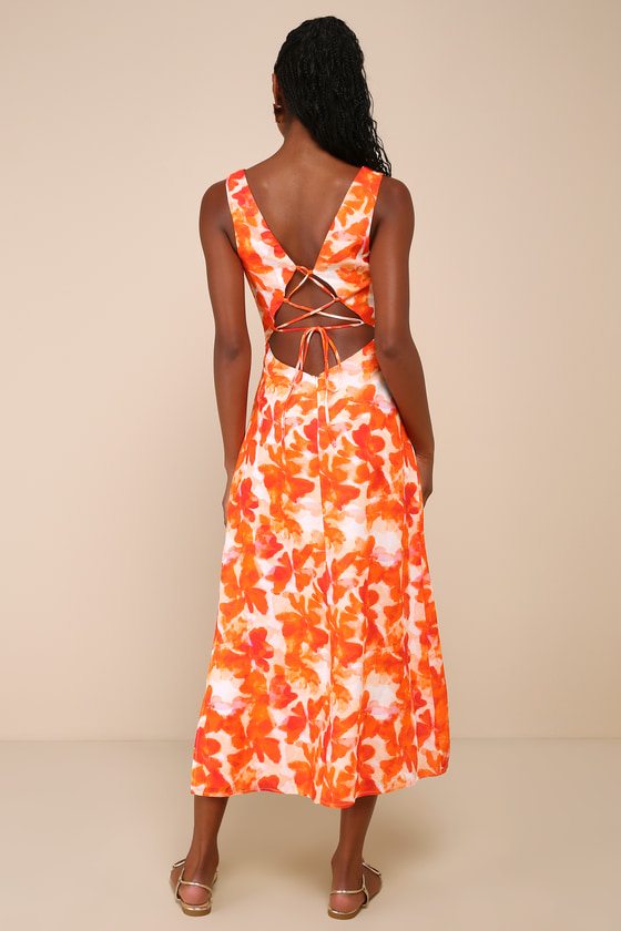 Lulus Vivacious Charm Orange Floral Cutout Lace-up A-line Midi Dress In Orange