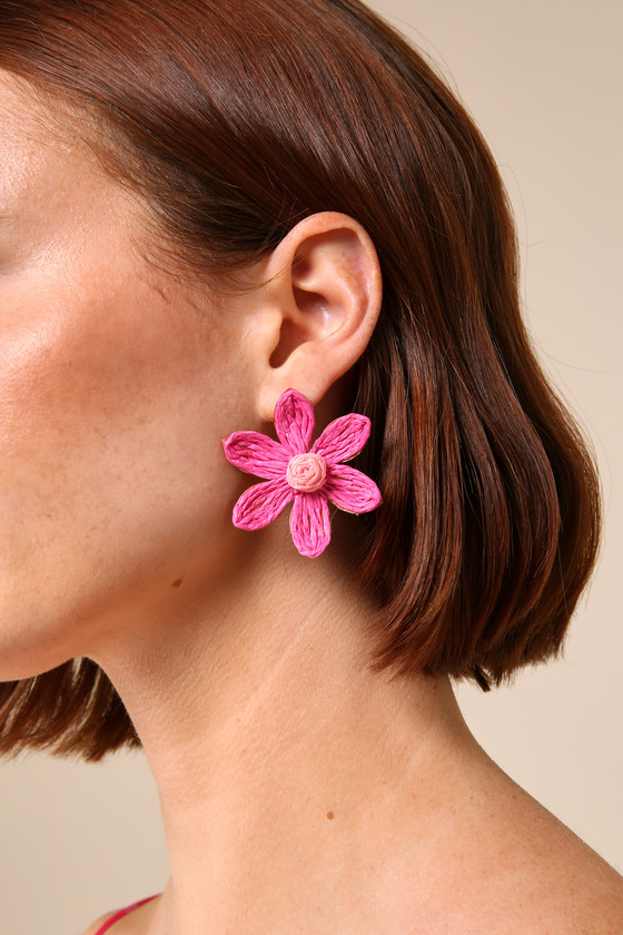 Lulus Flourishing Excellence Pink Raffia Flower Statement Earrings