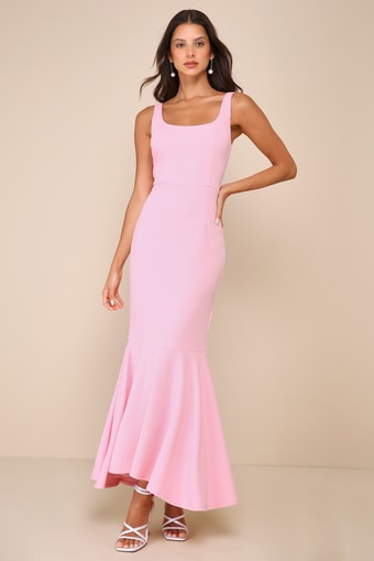 Romantic Destiny Light Pink Square Neck Trumpet Maxi Dress 2