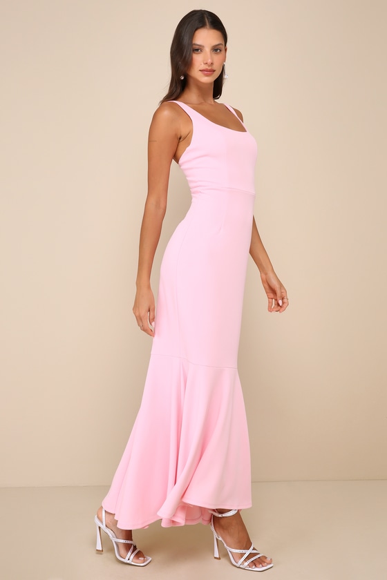 Lulus Romantic Destiny Light Pink Square Neck Trumpet Maxi Dress In Light Pink