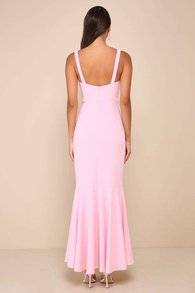 Romantic Destiny Light Pink Square Neck Trumpet Maxi Dress