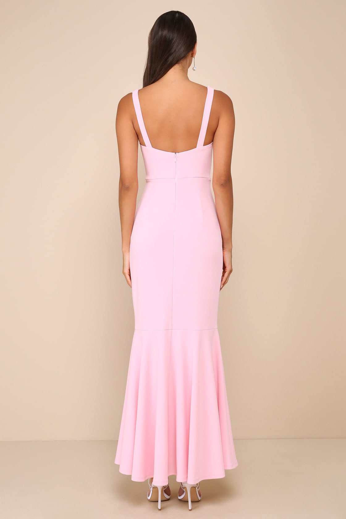 Romantic Destiny Light Pink Square Neck Trumpet Maxi Dress