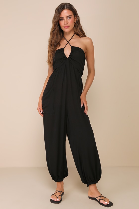 Relaxed Perfection Black Cutout Halter Jogger Jumpsuit 2
