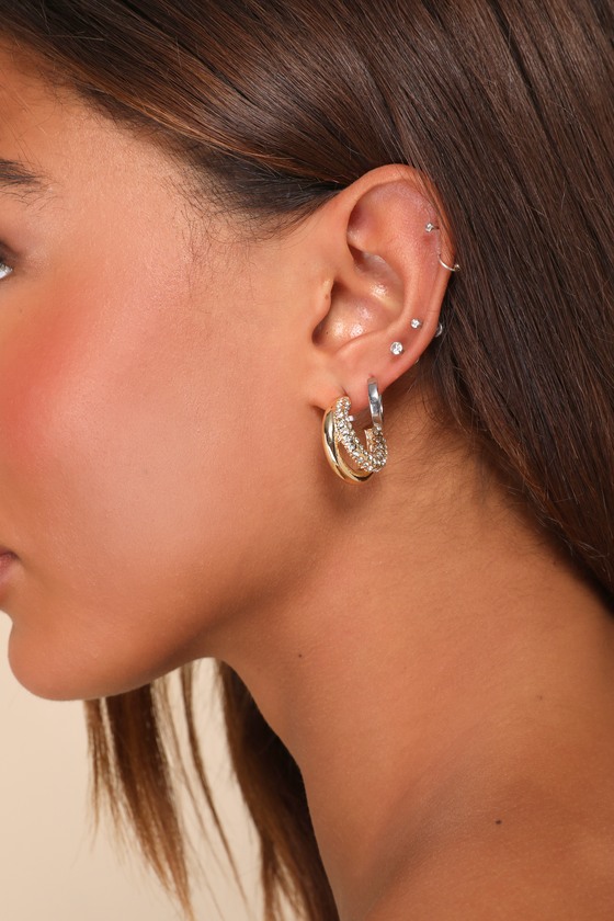 LULUS ENDLESS DAZZLE GOLD RHINESTONE LAYERED HOOP EARRINGS