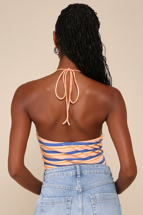 LULUS EASILY SUNNY YELLOW MULTI STRIPED RIBBED KNIT HALTER BODYSUIT