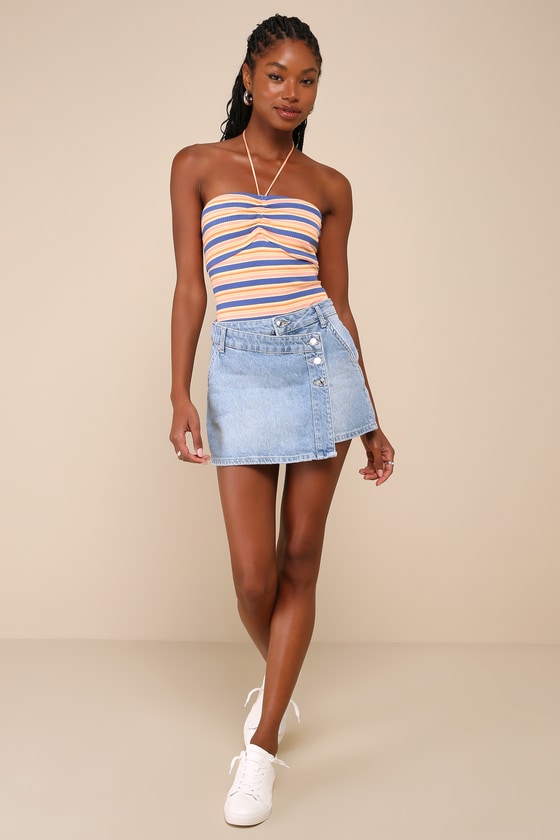 LULUS EASILY SUNNY YELLOW MULTI STRIPED RIBBED KNIT HALTER BODYSUIT