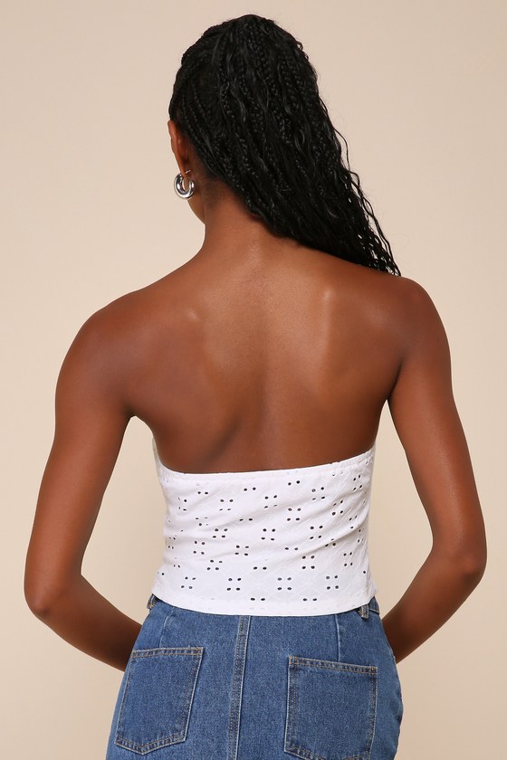Lulus Darling Sunshine Ivory Eyelet Strapless Handkerchief Crop Top In Ivory