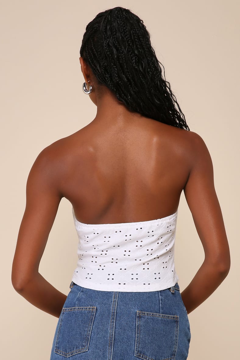 Darling Sunshine Ivory Eyelet Strapless Handkerchief Crop Top