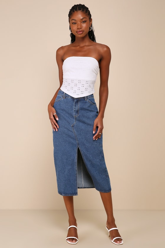Lulus Darling Sunshine Ivory Eyelet Strapless Handkerchief Crop Top In Ivory