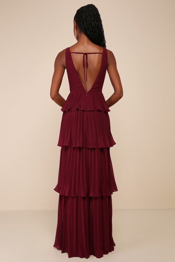 Danuta Burgundy Ruched Pleated Maxi Dress