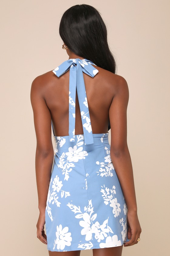 Lulus Gorgeous Icon Blue Floral Backless Halter Mini Dress In Blue