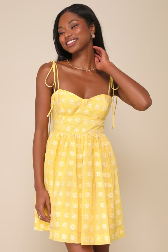 Dreamy Girly Yellow Embroidered Floral Tie-Strap Mini Dress 1