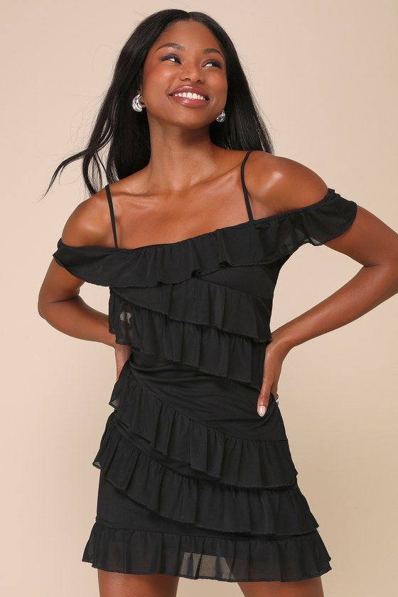 Lulus Sincerely Iconic Black Mesh Ruffled Sleeveless Mini Dress