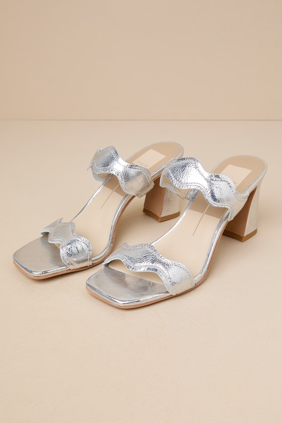 Dolce Vita Ilva Silver Distressed Leather High Heel Slide Sandals In Silver