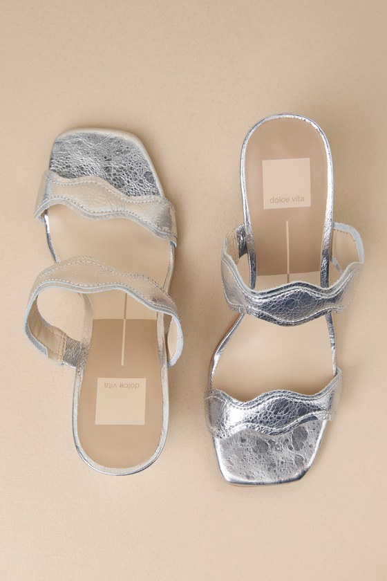 Dolce Vita Ilva Silver Distressed Leather High Heel Slide Sandals In Silver