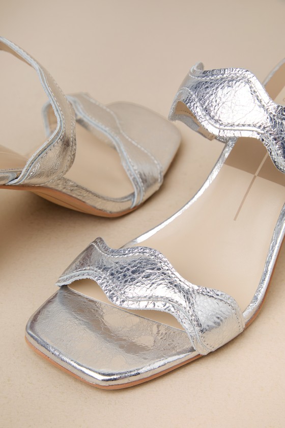 Dolce Vita Ilva Silver Distressed Leather High Heel Slide Sandals In Silver