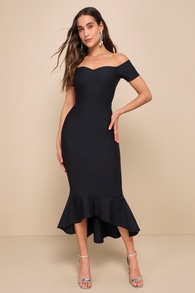 How Much I Care Midnight Blue Off-the-Shoulder Midi Dress