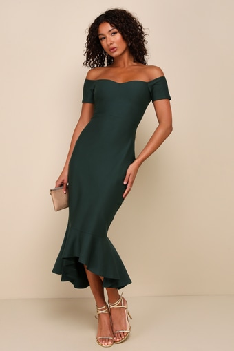 How Much I Care Dark Green Off-the-Shoulder Midi Dress 1