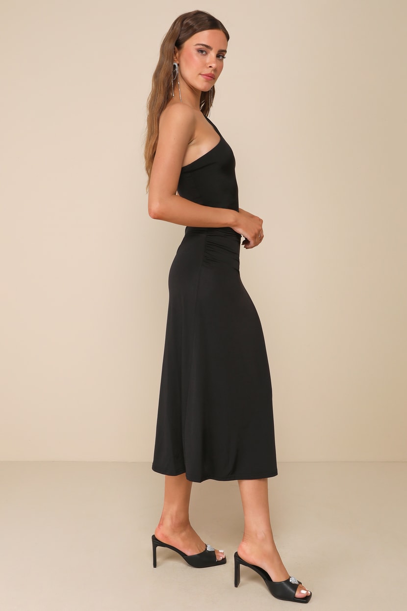 Black Slinky Knit Dress - One-Shoulder Midi Dress - Ruched Dress - Lulus