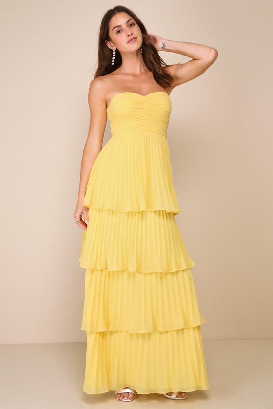 Yellow Maxi Dress - Pleated Maxi Dress - Strapless Tiered Dress - Lulus