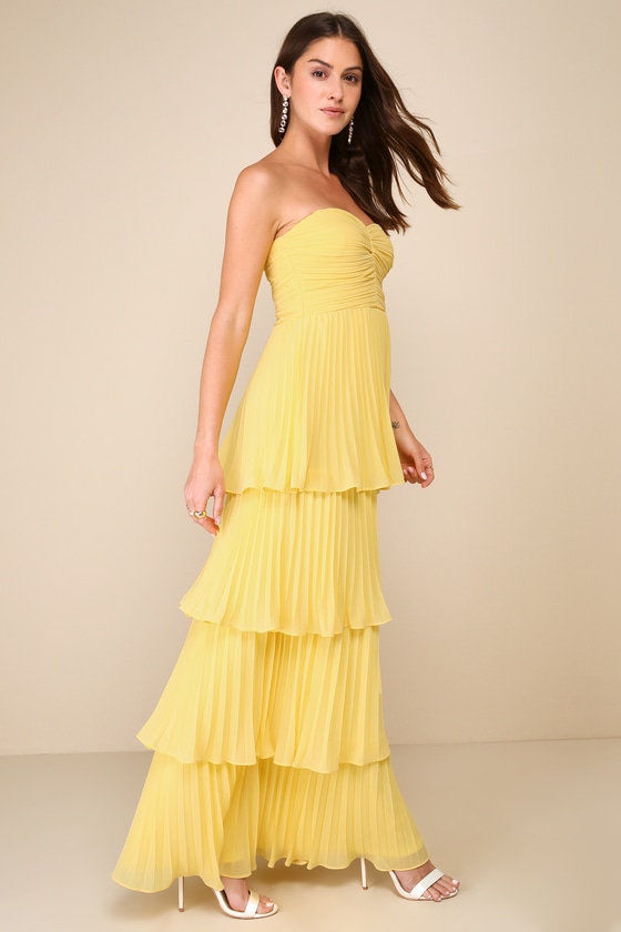 Lulus Seriously Sensational Yellow Strapless Tiered Maxi Dress In Yellow