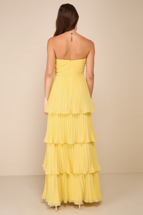 Lulus Seriously Sensational Yellow Strapless Tiered Maxi Dress In Yellow