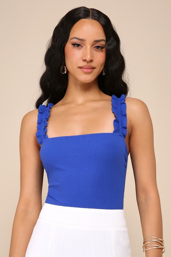 Lulus Musing About You Royal Blue Ribbed Ruffle Strap Bodysuit In Gold